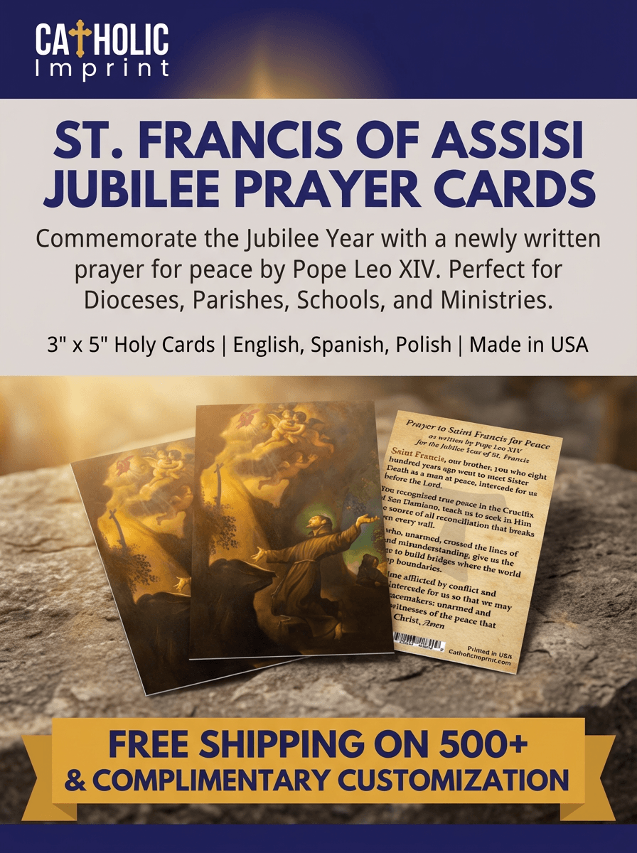 Jubilee prayer card with Saint Francis painting and promotional text