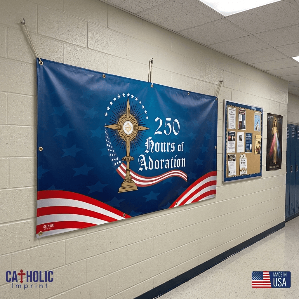 Indoor 250 Hours of Adoration banner hanging on classroom wall with patriotic theme