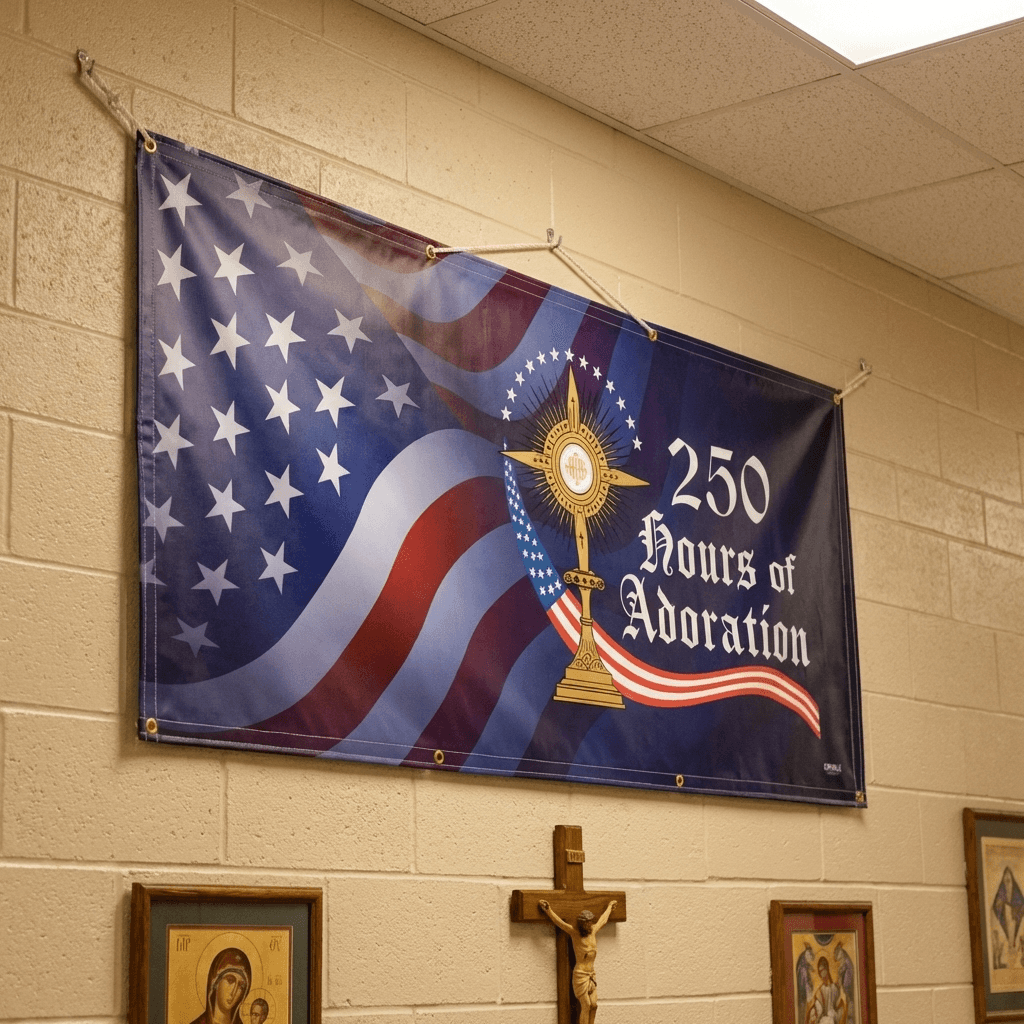 Multiple 250 Hours of Adoration vinyl banners with patriotic and religious themes displayed in church
