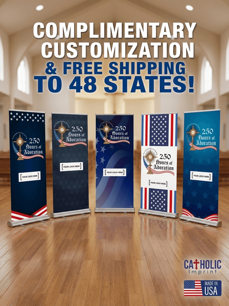 Set of five patriotic retractable banners with American flag theme and customizable logo area