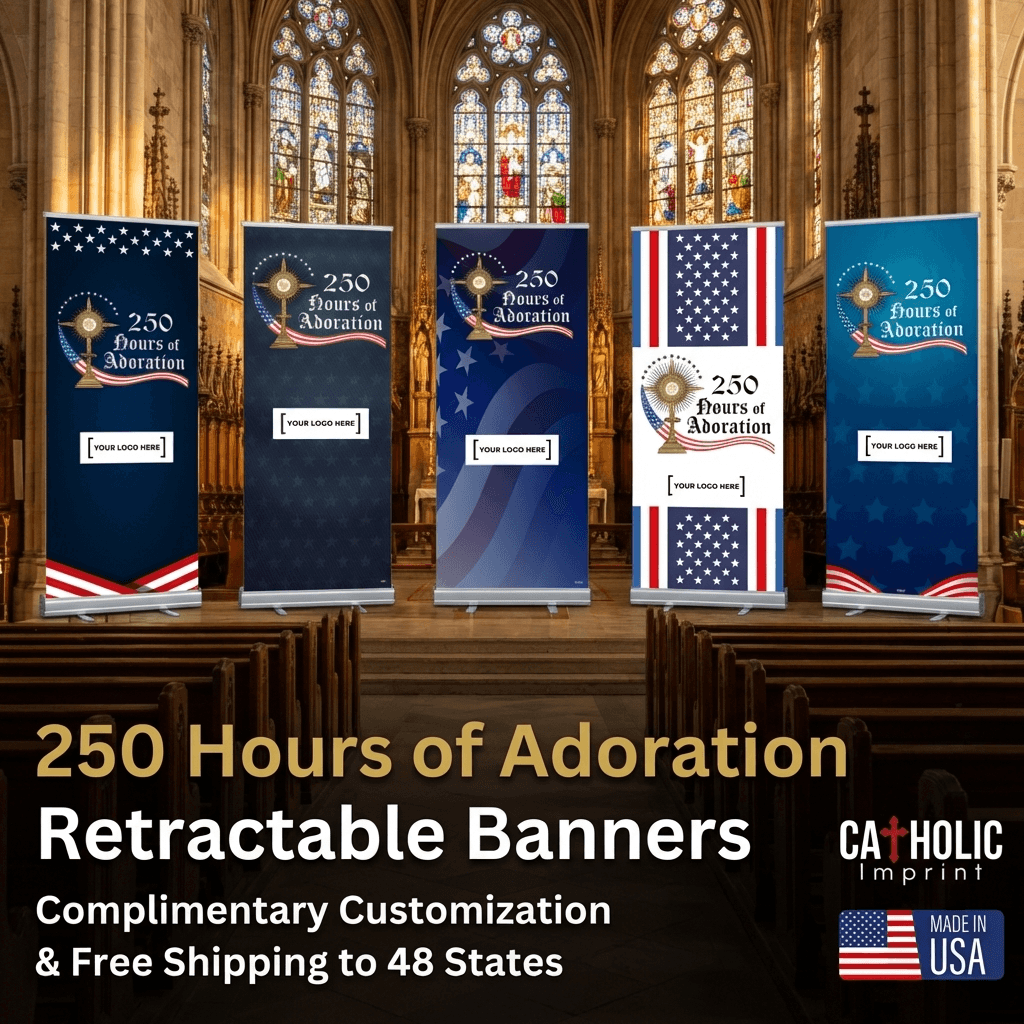 Patriotic 250 Hours of Adoration retractable banner stand in church interior