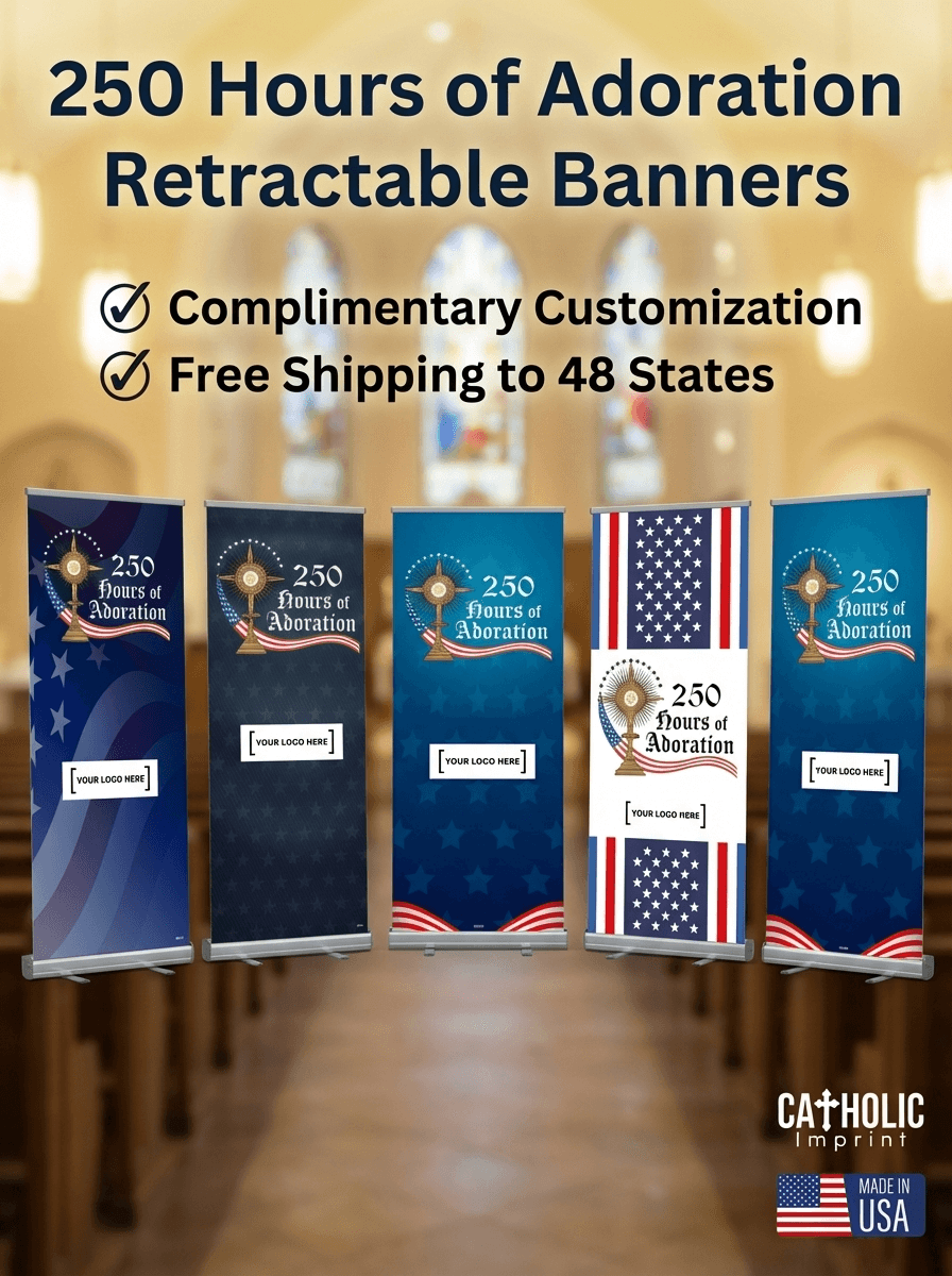 Vertical banners for 250 Hours of Adoration with patriotic design and logo space
