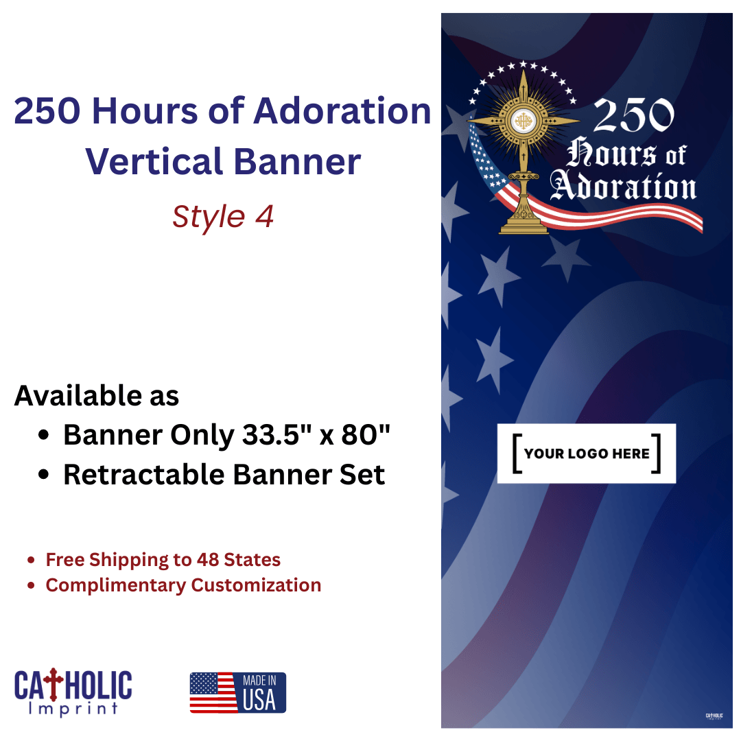 Patriotic 250 Hours of Adoration banner with stars and stripes background
