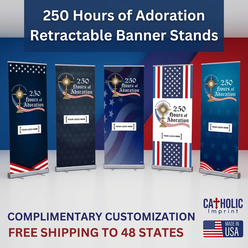 Group of five patriotic 250 Hours of Adoration banners with free shipping and customization options