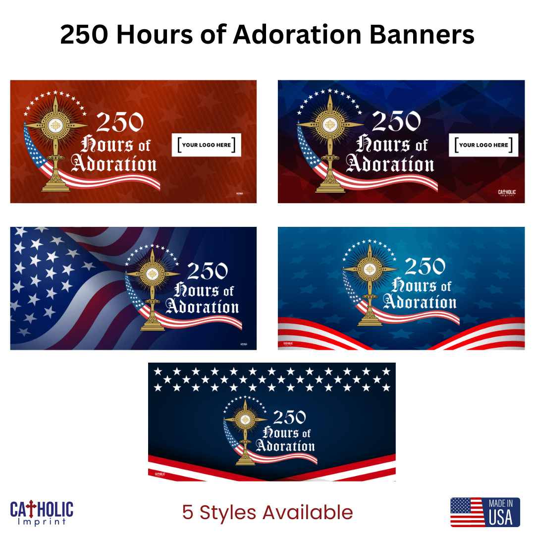 Red patriotic 250 Hours of Adoration vinyl banner with Holy Eucharist and American flag design