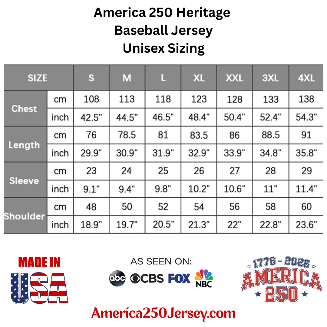 Size Guide for The America 250 Heritage Jersey