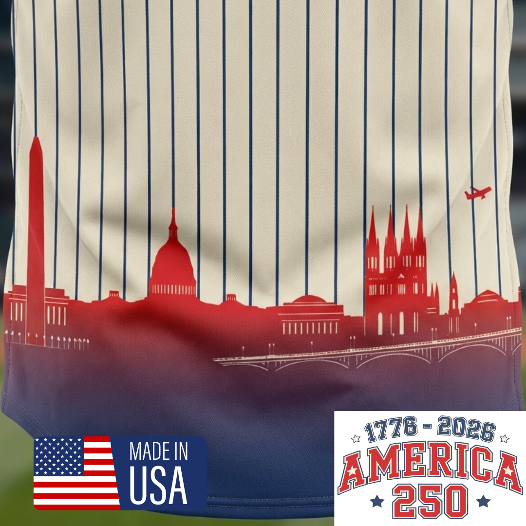 Back view of America 250 Heritage Baseball Jersey with skyline and anniversary details