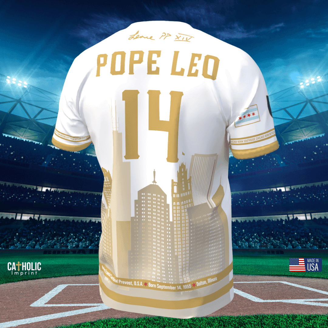 Limited Edition Pope Leo XIV Baseball Jersey featuring gold skyline design, number 14, and Chicago flag details. Handmade in Chicago for fans and collectors.