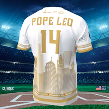 Limited Edition Pope Leo XIV Baseball Jersey featuring gold skyline design, number 14, and Chicago flag details. Handmade in Chicago for fans and collectors.