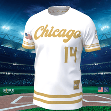 Limited Edition Pope Leo XIV Baseball Jersey in white with gold 'Chicago' script and number 14, handmade in Chicago for sports events and fundraisers.