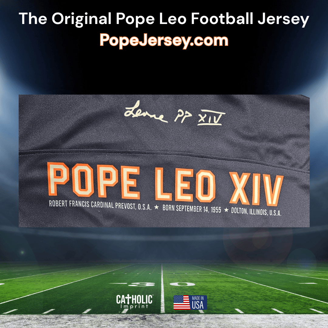 Limited Edition Pope Leo XIV Football Jersey featuring bold orange lettering and signature, perfect for Chicago fans and Catholic collectibles.