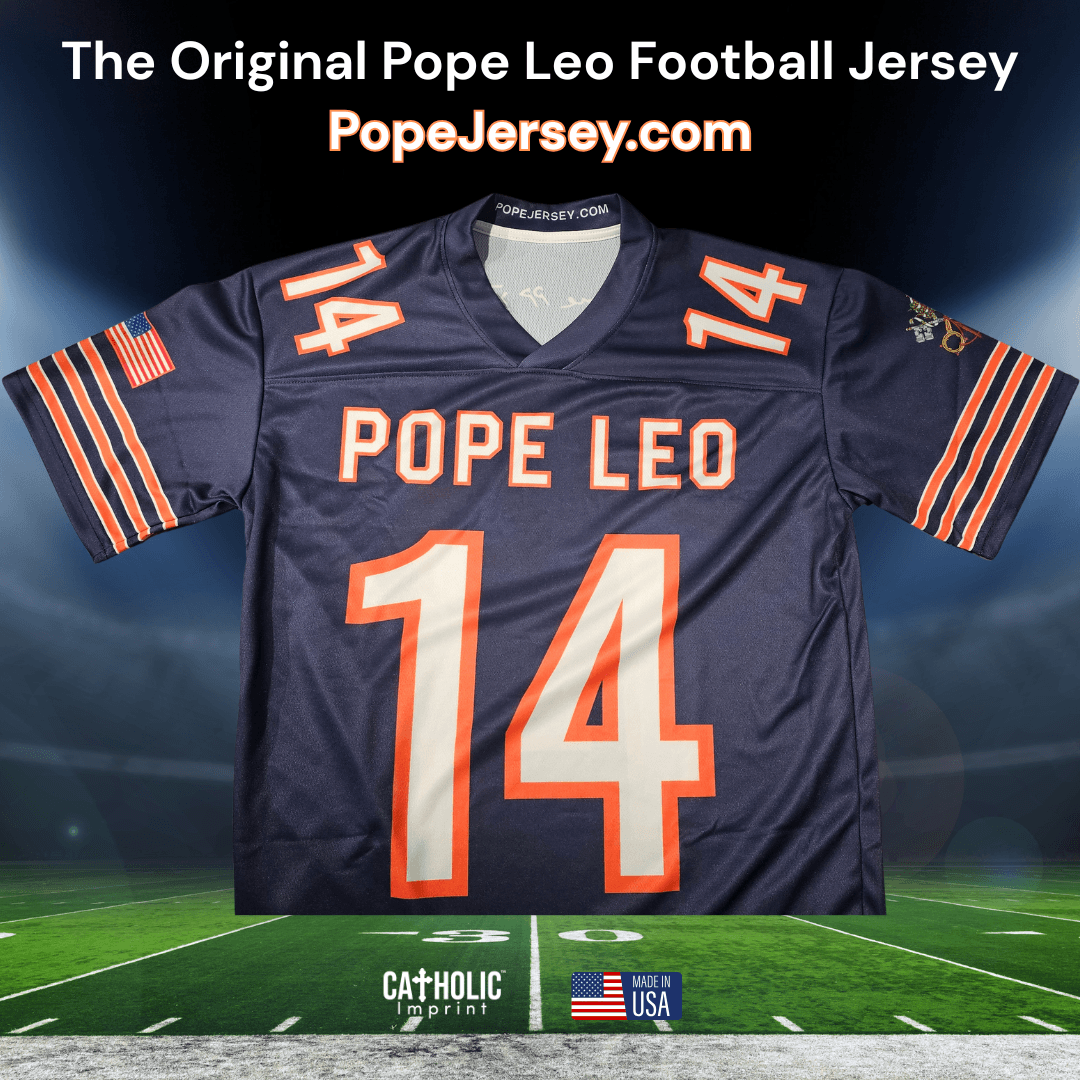 Limited Edition Pope Leo XIV Football Jersey in navy blue with orange and white accents, perfect for Chicago fans and Catholic fundraisers.