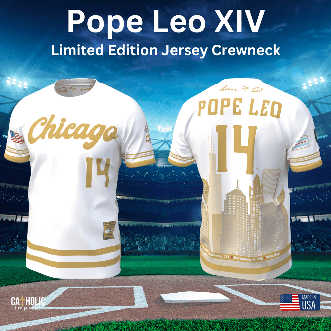 Limited Edition Pope Leo XIV Baseball Jersey featuring gold 'Chicago' script and number 14 on front, with skyline and 'Pope Leo' on back. Handmade in Chicago.