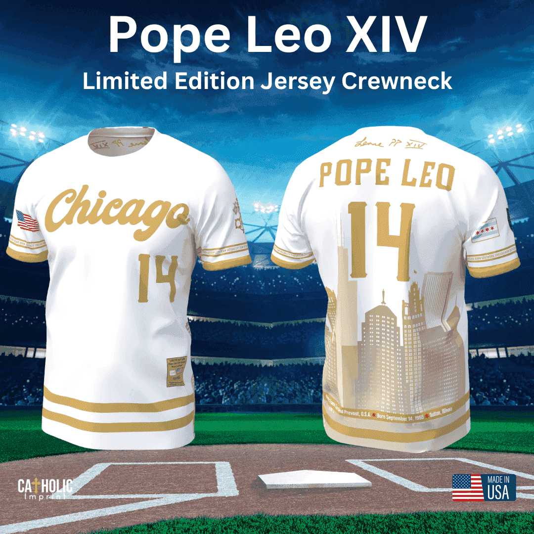 Close-up of Pope Leo XIV limited edition jersey with Chicago text, gold details, and flags