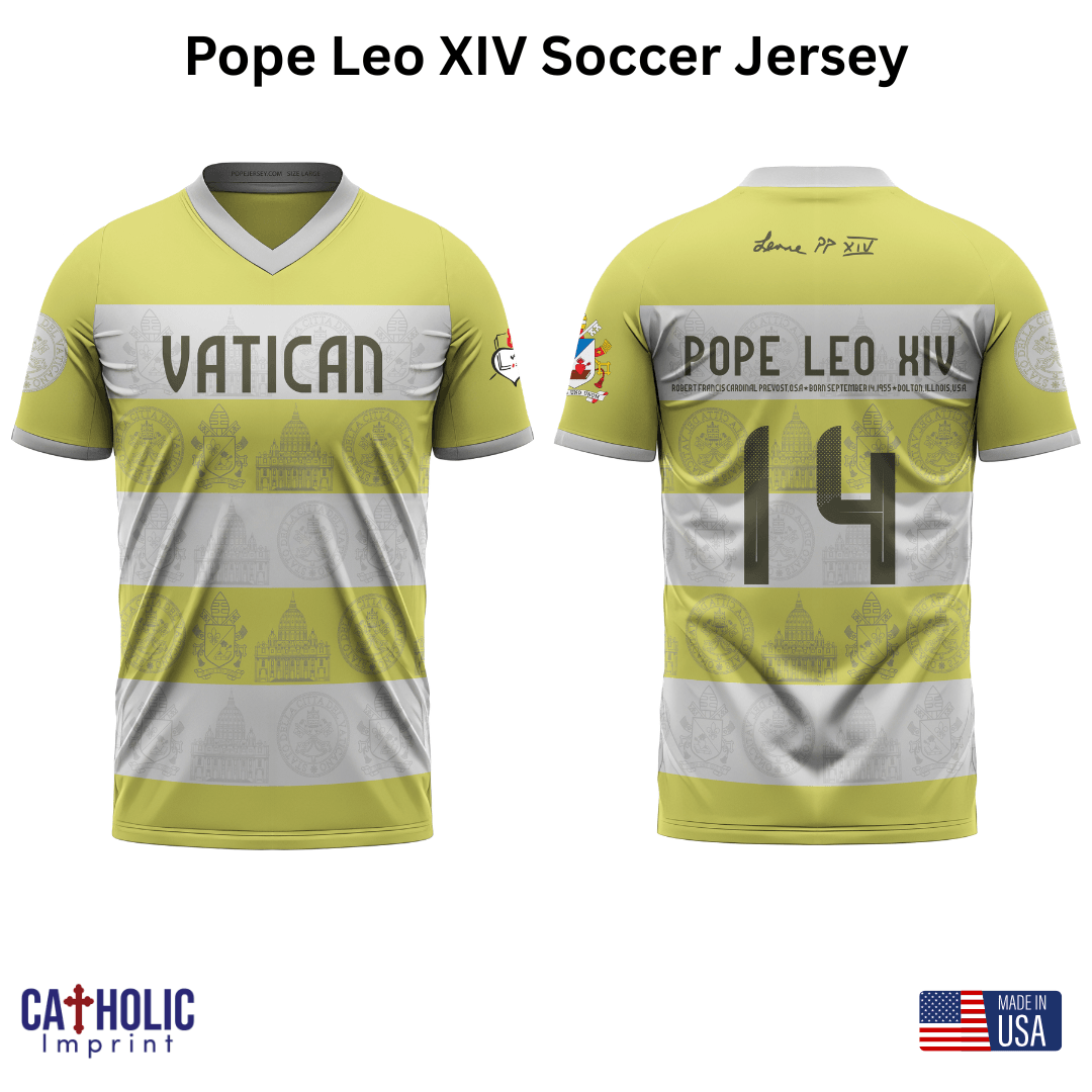 Pope Leo XIV soccer jersey front and back view Vatican design gold white Catholic Imprint Chicago