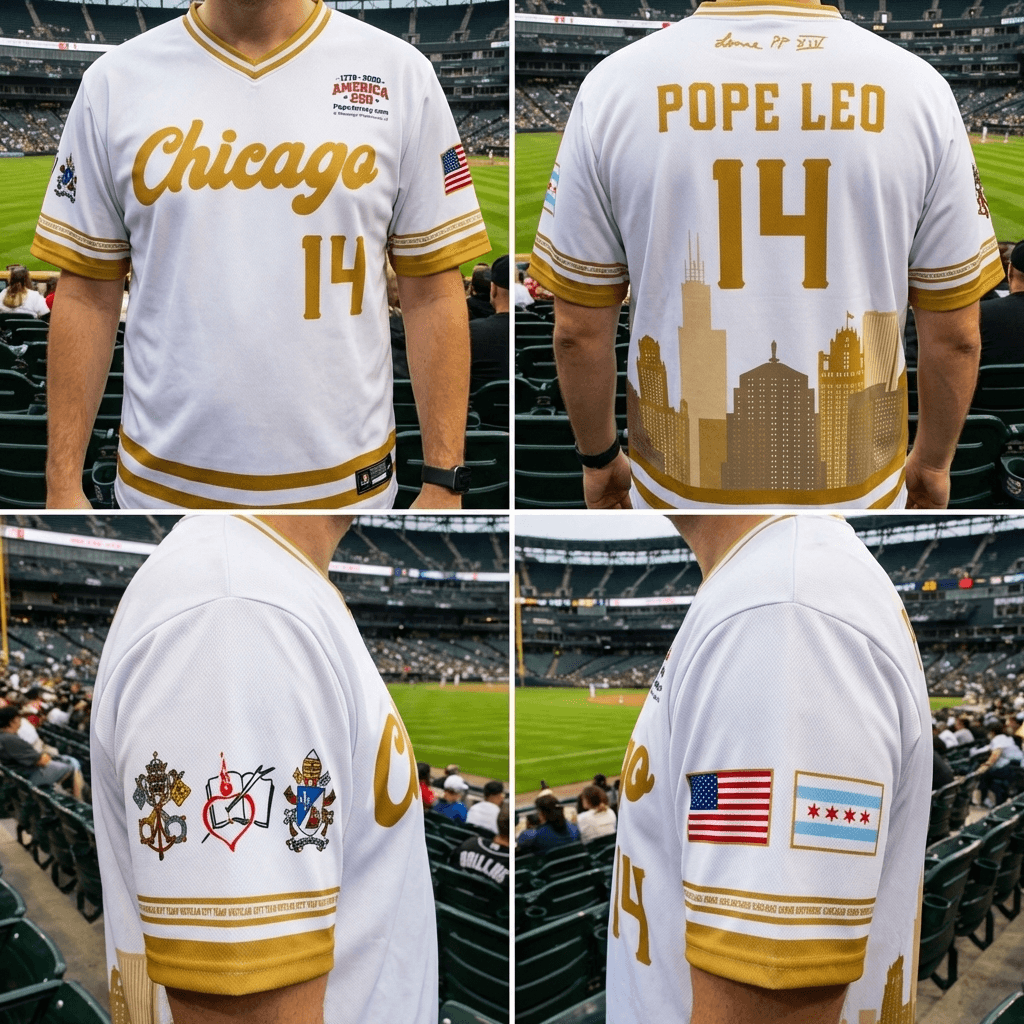 Pope Leo XIV baseball and soccer jersey with Chicago text and gold city skyline design