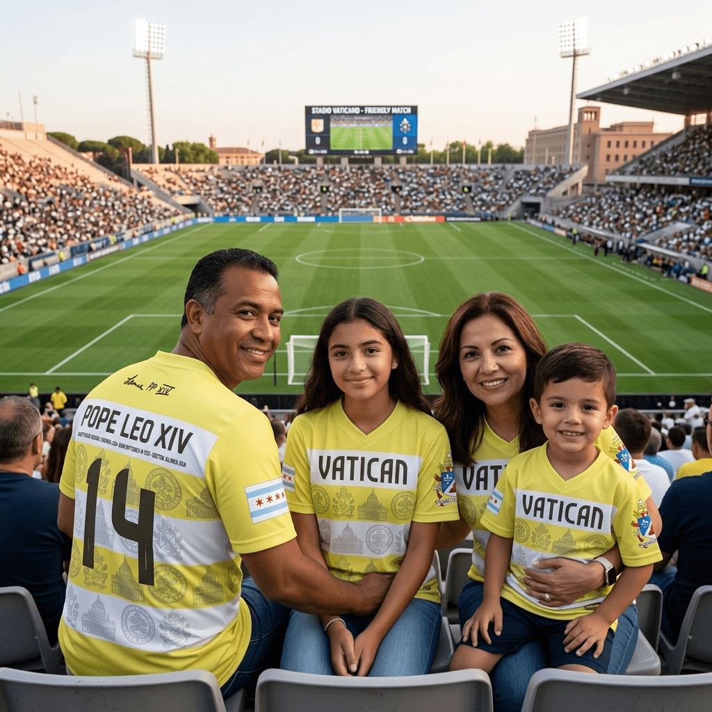 Family wearing Vatican-themed Pope Leo shirts at a sports event with a stadium in the background