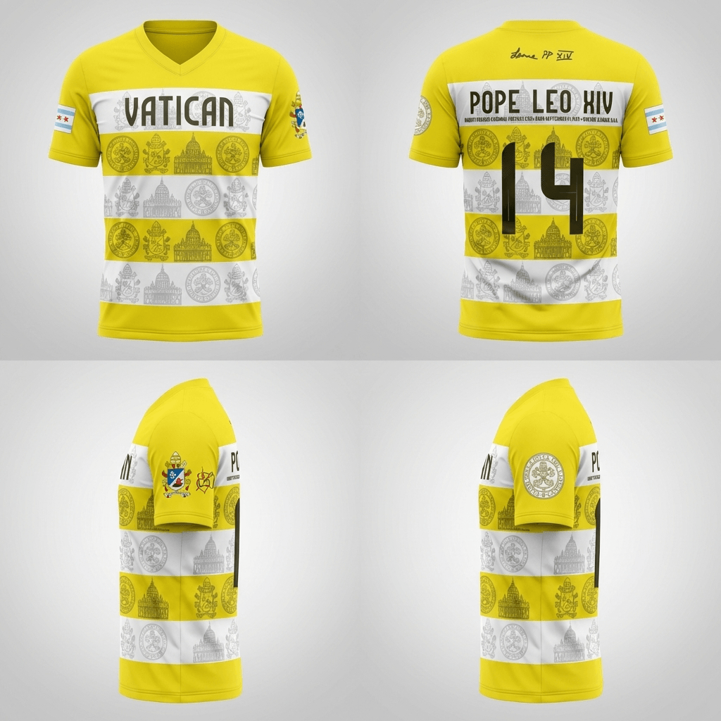 Pope Leo XIV Vatican soccer jersey front view with yellow and white design