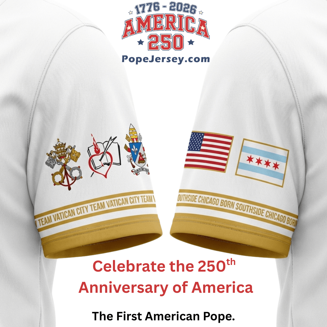 Back view of Pope Leo XIV jersey with Chicago skyline, gold lettering, and 250th anniversary logo
