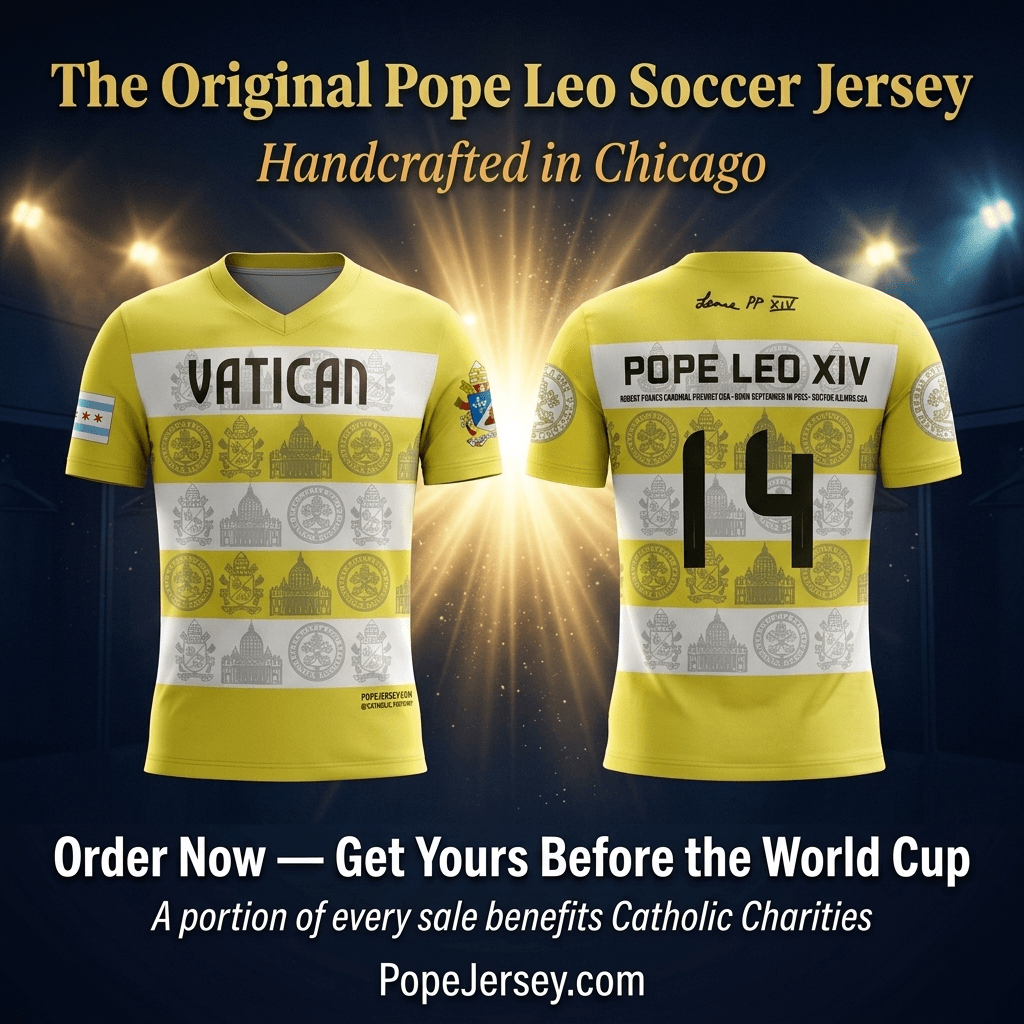 Vatican Soccer Jersey with Pope Leo XIV in Yellow and White Colors. Made in Chicago, has Chicago Flag, Papal Crest, Vatican Symbol, and Augustinian Symbol