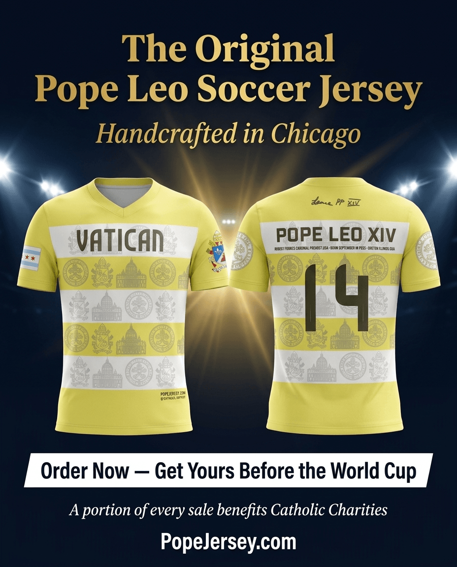 Yellow soccer jersey with 'Vatican' and 'Pope Leo XIV' text on a dark background. The World Cup Catholic Gift.