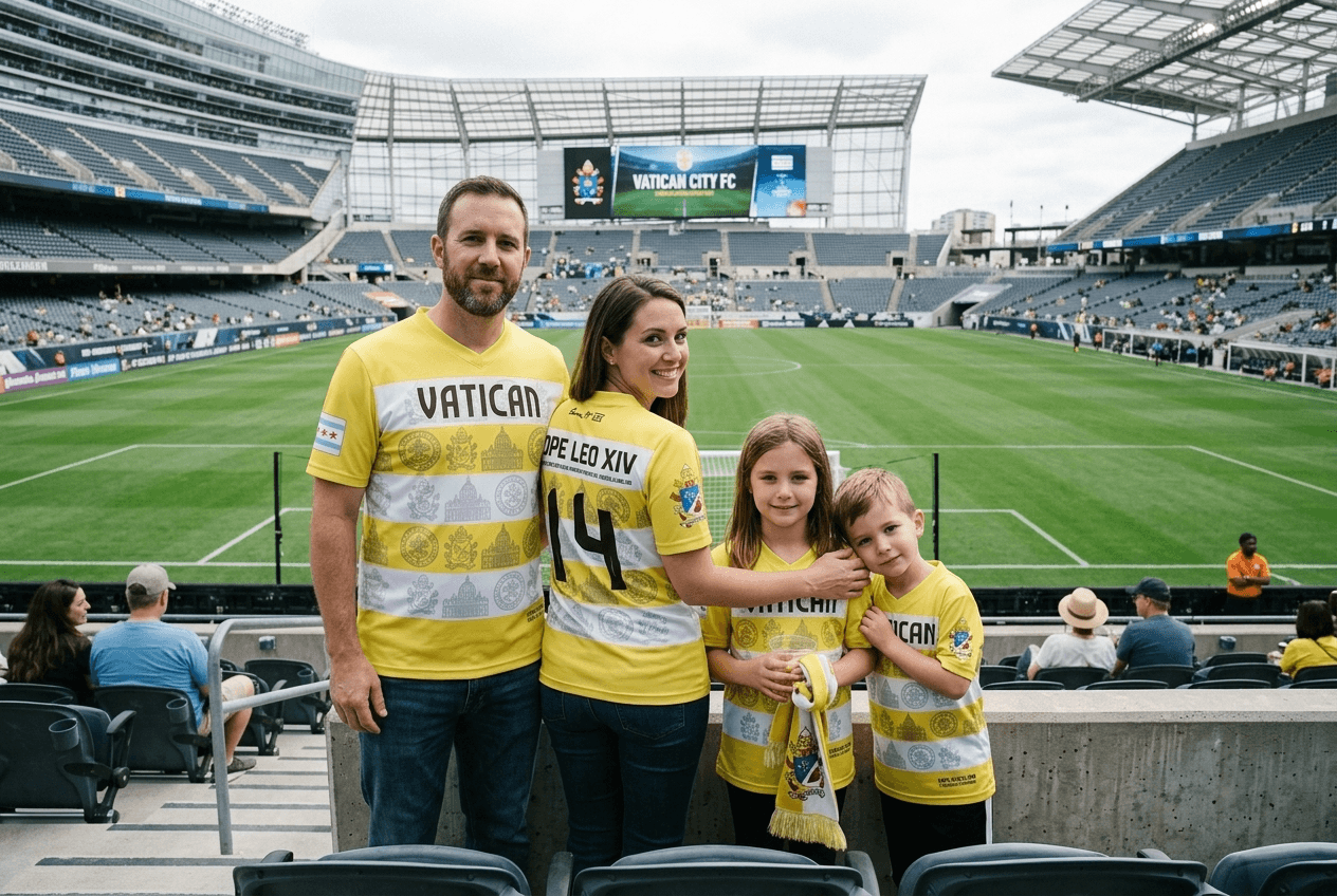 Family in yellow Vatican City shirts at a sports stadium