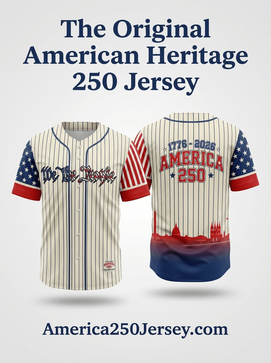 America 250 Heritage Baseball Jersey with patriotic design and skyline