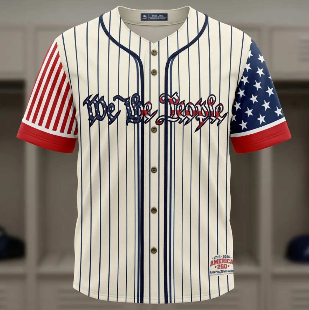 Baseball jersey with patriotic American flag design, 'We The People' text, and 250th anniversary logo