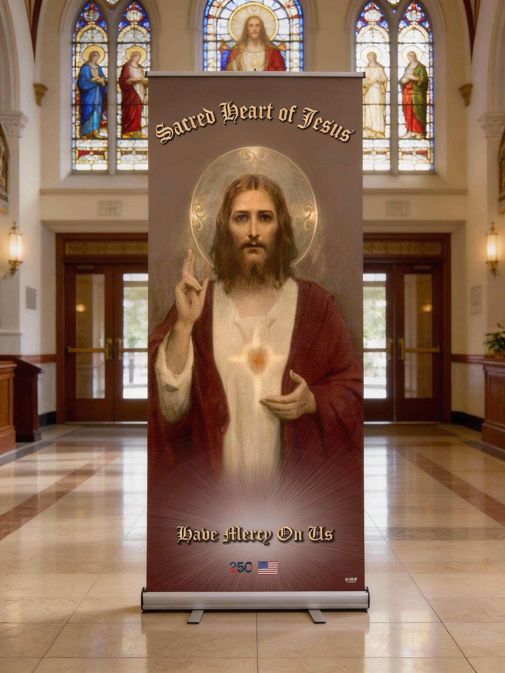 Sacred Heart of Jesus banner in church setting