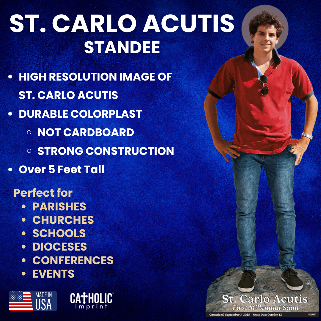 St. Carlo Acutis Lifesize Standee over 5 feet tall, made of durable colorplast, ideal for schools, churches, and diocesan events.
