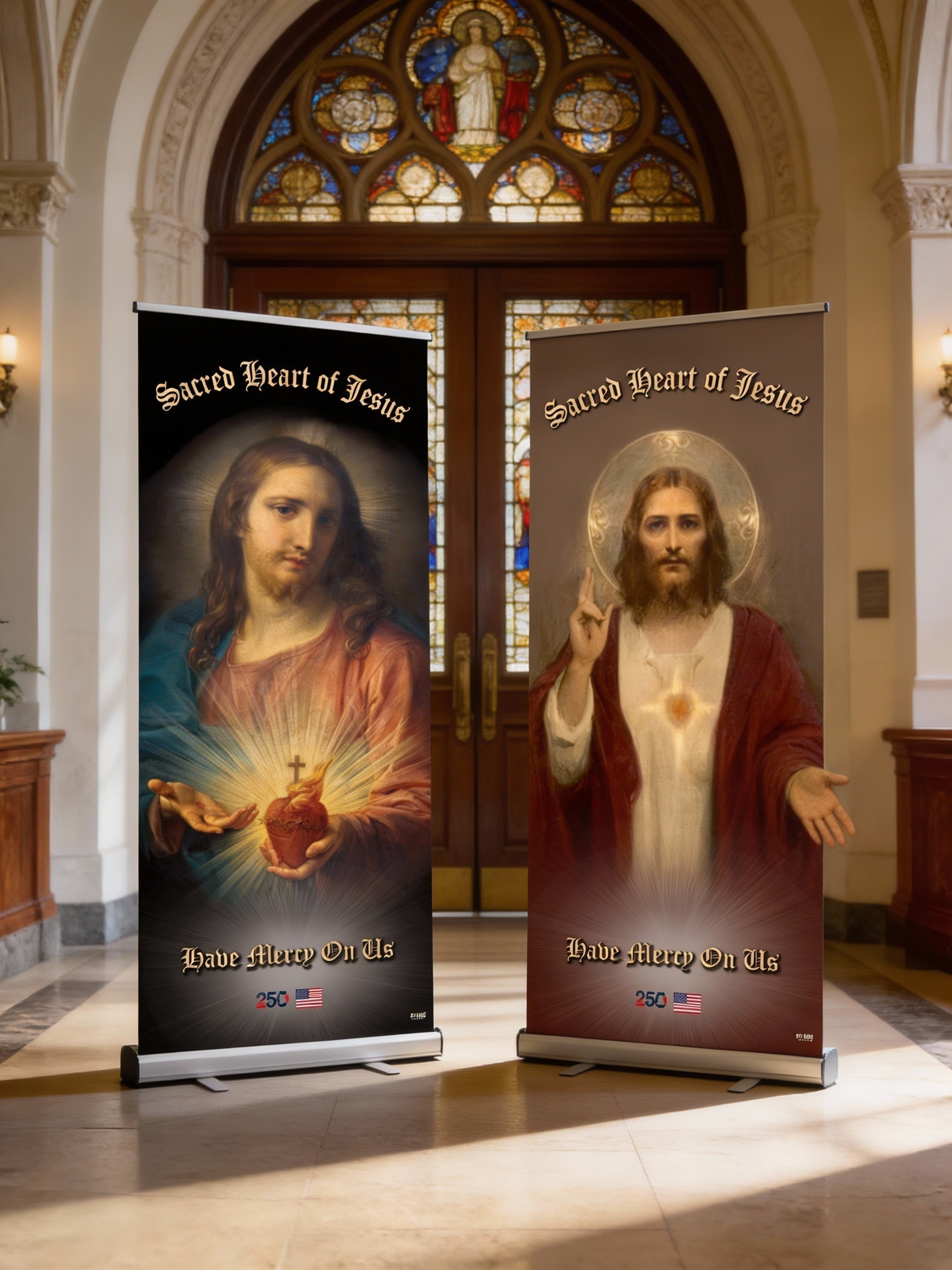 Religious banners with Sacred Heart of Jesus in church