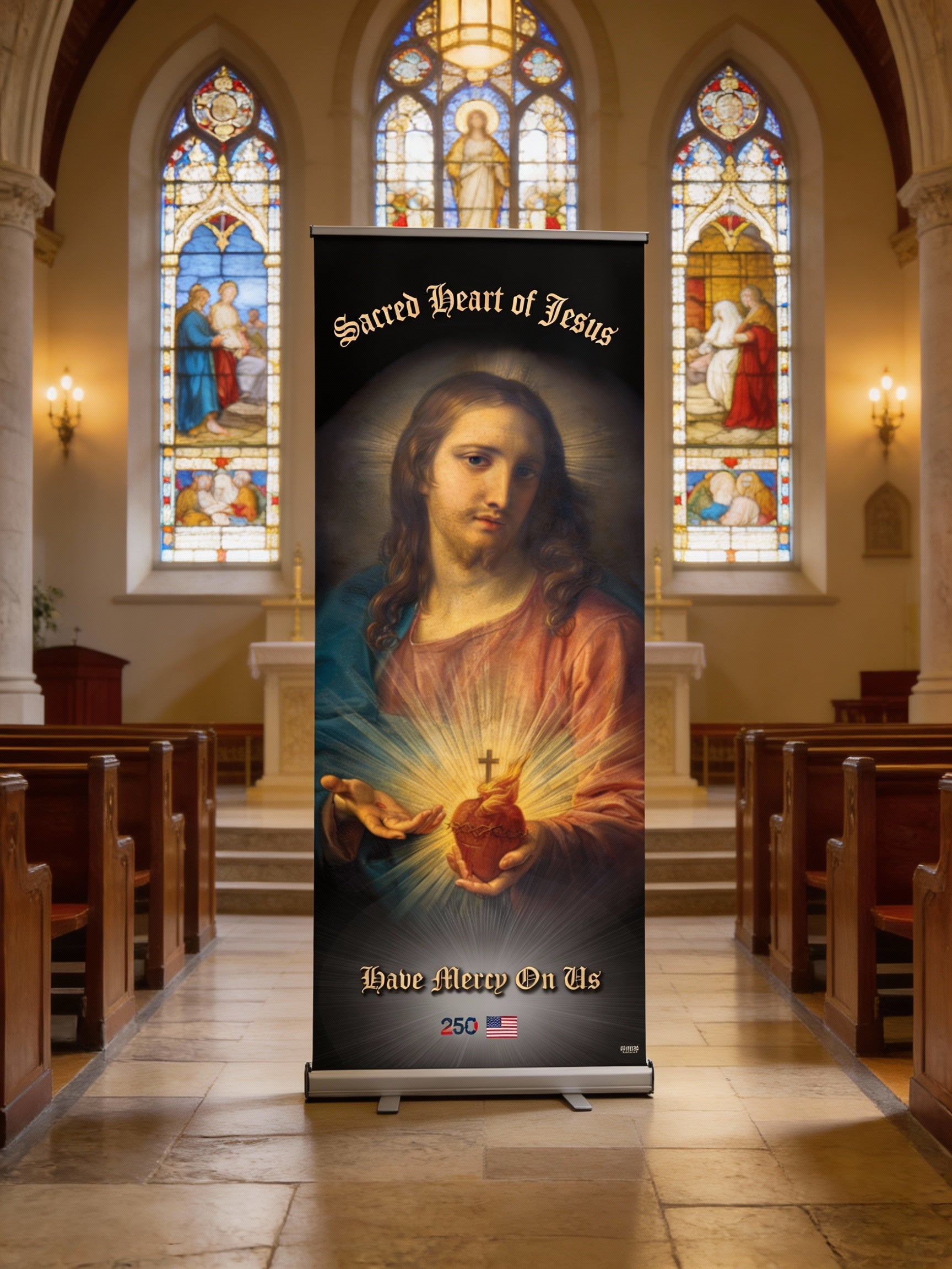 Church interior with stained glass windows and Sacred Heart banners
